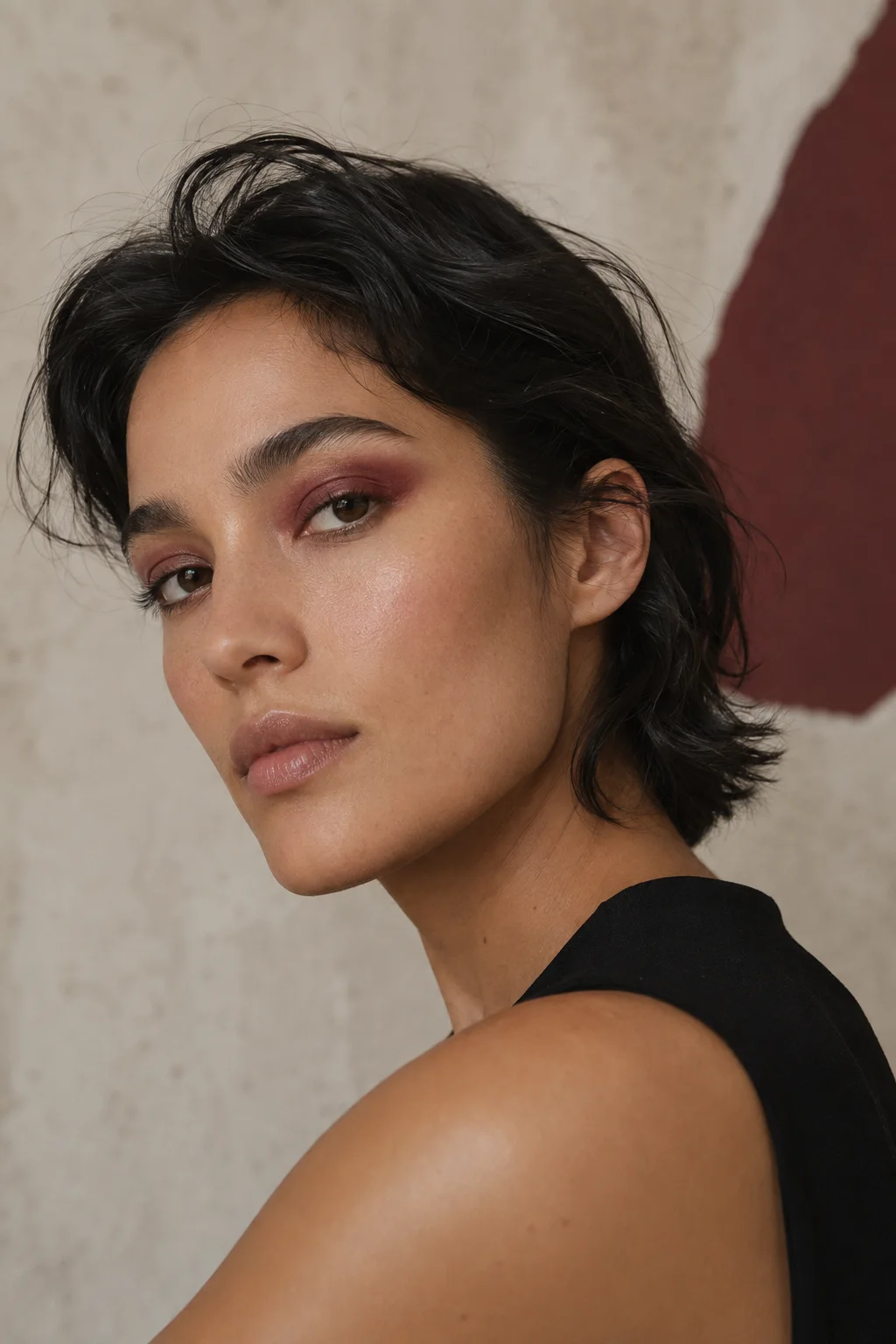 Editorial makeup with a restrained burgundy eye wash